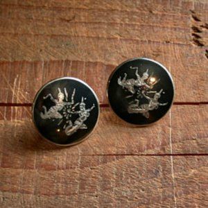 Vintage Siam Nielloware Clip On Earrings Silver
